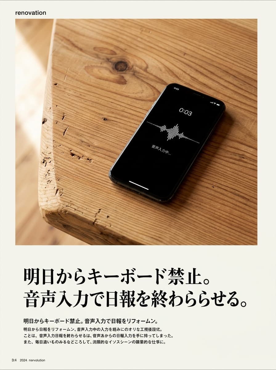 明日からキーボード禁止。音声入力で日報を終わらせる。